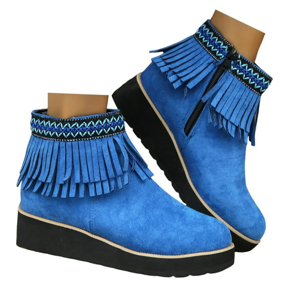 Mepaouo Fringe Ankle Boots for Women Bohe Platform Zipper Tassel Winter Warm Outdoor Snow Booties