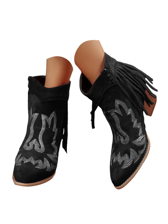 Fringe Ankle Cowboy Boots for Women Tassel Western Cowgirl Booties Chunky Heel Dress Riding Shoes