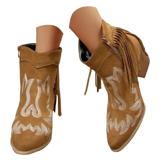 Mepaouo Fringe Ankle Cowboy Boots for Women Tassel Western Cowgirl Booties Chunky Heel Dress Riding Shoes