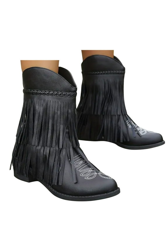 Fringe Cowboy Boots for Women Tassel Western Ankle Booties Cowgirls Wide Mid Calf Dress Boot