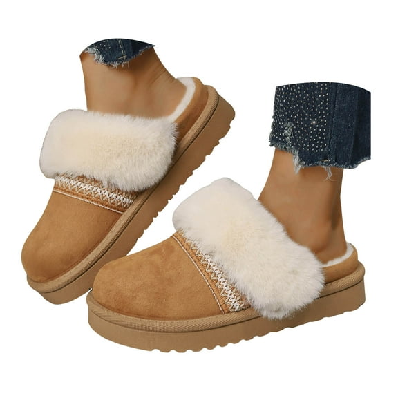 Mepaouo Fuzzy House Slippers for Women Memory Foam Suede Mules Mini Boots Winter Snow Slip on Shoes