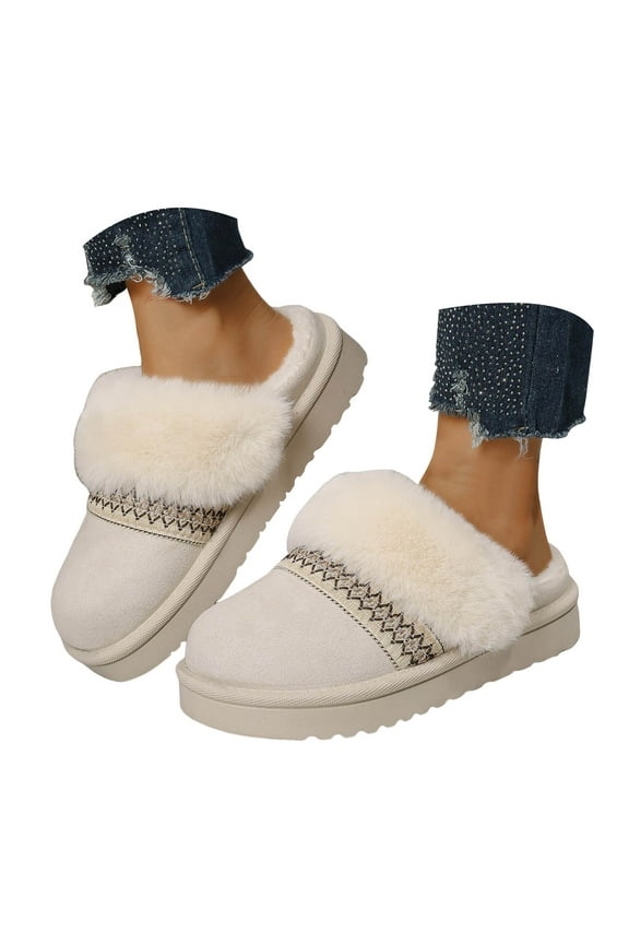 Fuzzy House Slippers for Women Memory Foam Suede Mules Mini Boots Winter Snow Slip on Shoes