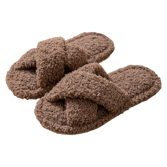 Mepaouo Fuzzy Open Toe Slippers for Women Cozy Cross Band Cute House Shoes Indoor Outdoor Slip on Slides