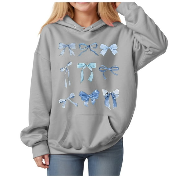 Mepaouo Girl's Bow Hoodie Long Sleeve Hooded Sweatshirts Cute Oversized Pullover Tops with Pocket Grey 11-12 Years