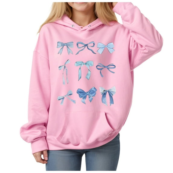 Mepaouo Girl's Bow Hoodie Long Sleeve Hooded Sweatshirts Cute Oversized Pullover Tops with Pocket Pink 11-12 Years