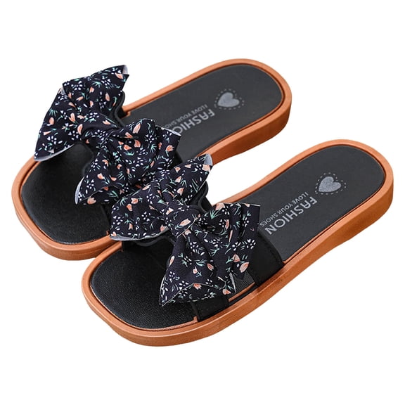 Mepaouo Girl's Bows Sandals Square Toe Casual Summer Flats Toddler Kids Cute Beach Walking Slides