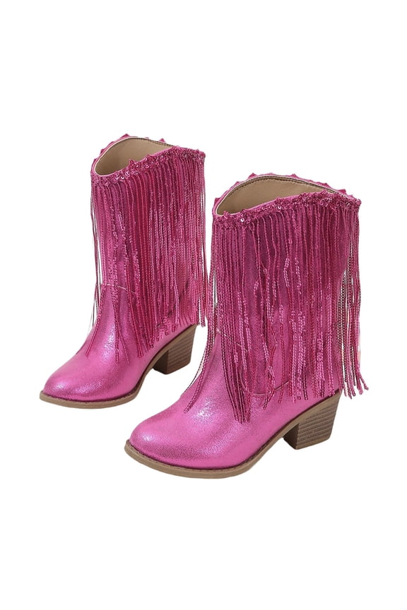 Girl's Cowgirl Boots Cowboy Fringe Western Boots Kids Tassel Mid Calf Riding Booties(Pink,35)
