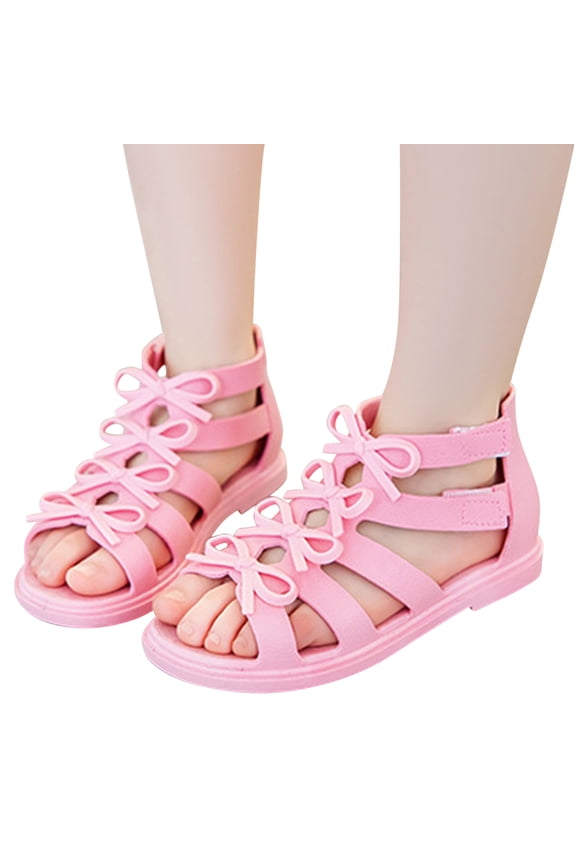 Girl's Gladiator Sandals Leather Bow Strappy Summer Walking Flats with Back Zipper for Toddler Kid