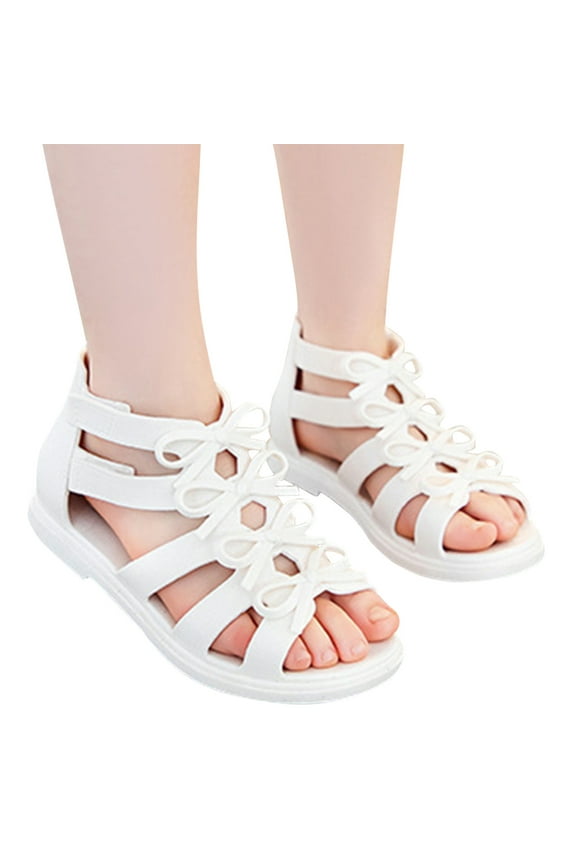 Girl's Gladiator Sandals Leather Bow Strappy Summer Walking Flats with Back Zipper for Toddler Kid