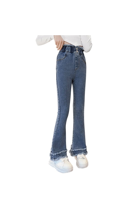 Girl's Jeans Flare Bell Bottom Frayed Raw Hem High Waist Denim Pants Leggings with Pockets Blue 9-10 Years
