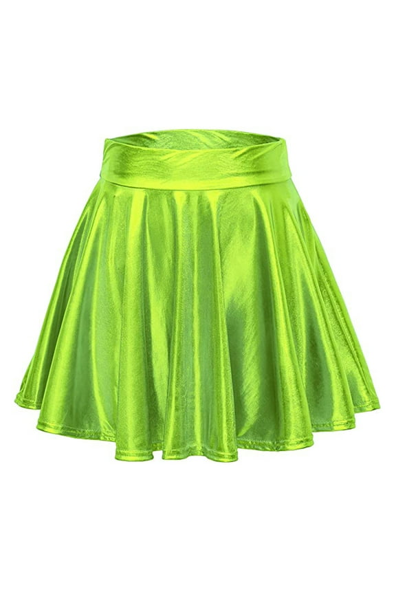 Girl's Shiny Metallic Skater Skirt Leather Pleated Mini Flared Skirts Dress Sizes S-XL