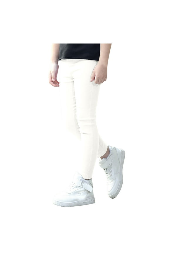 Girl's Stretch Pencil Skinny Pants School Uniform Trousers Kids Casual Bottom Clothes White 9-10 Years