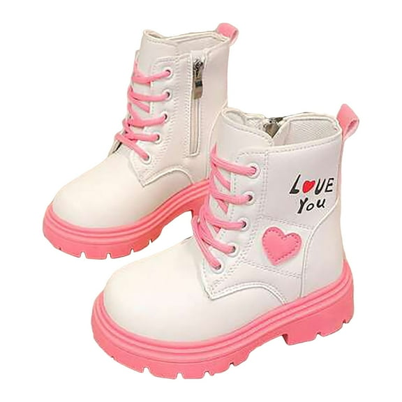 Mepaouo Girls Ankle Boots Love You Pink Combat Boots Lace up Winter Outdoor Work Shoes(White,35)