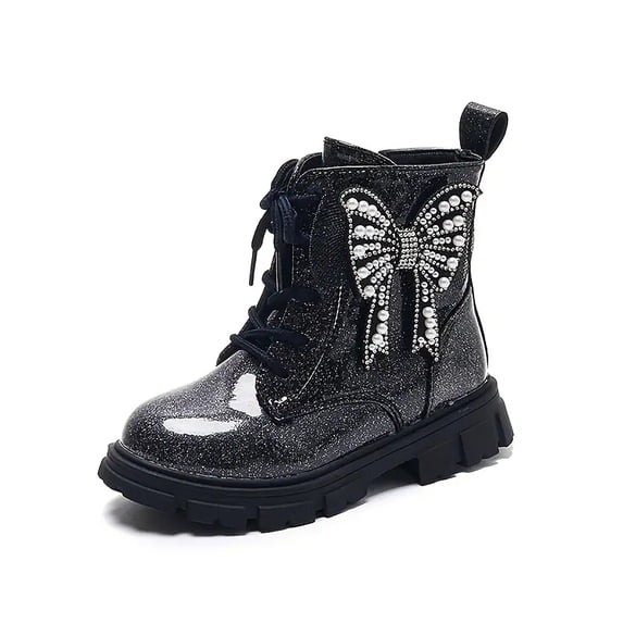 Mepaouo Girls Bowknot Dress Boots Glitter Side Zipper Ankle Boots Winter Outdoor Walking Shoes(Black,37)