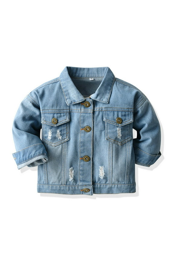 Girls Boys Jean Jacket Toddler Ripped Denim Outerwear Kids Casual Cowboy Coat Top Blue 7-8Year