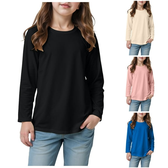 Mepaouo Girls Boys Long Sleeve T Shirts Kids Solid Color Crewneck Fall Winter Tops Cotton Basic Tees Beige 3-4 Years