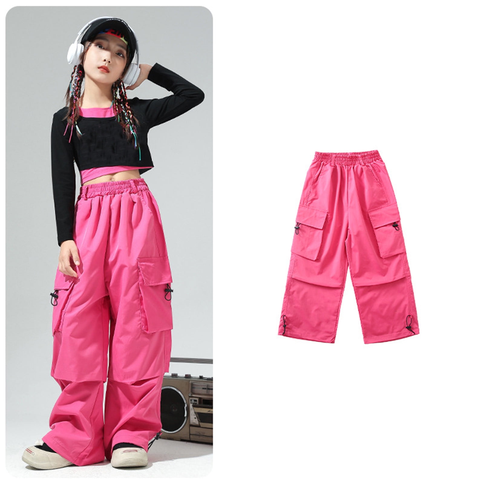 Mepaouo Girls Cargo Pants Elastic Waist Drawstring Parachute