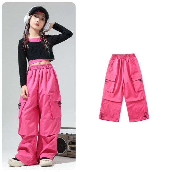 Mepaouo Girls Cargo Pants Elastic Waist Drawstring Parachute Trousers Kids Wide Leg Loose Streetwear Pink 8-9 Years