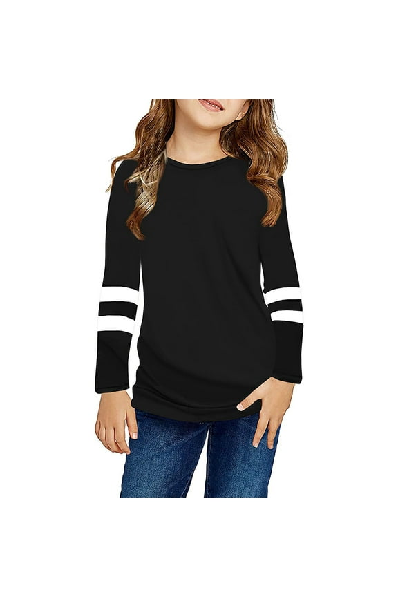 Girls Casual Long Sleeve Shirts Big Kids Round Neck Tunic Tops Striped Loose Blouses Pullover