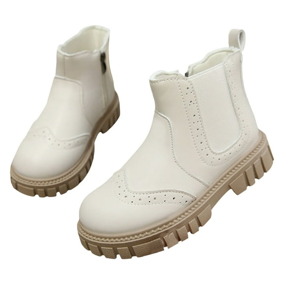 Mepaouo Girls Chelsea Ankle Boots Slip on Lug Sole Chelsea Booties Kids Side Zipper Combat Dress Boot White 3
