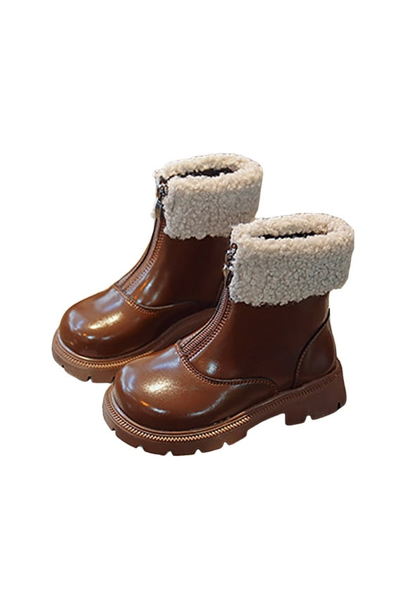 Girls Combat Ankle Boots Leather Waterproof Snow Booties for Winter Cold Weather(Brown,27)