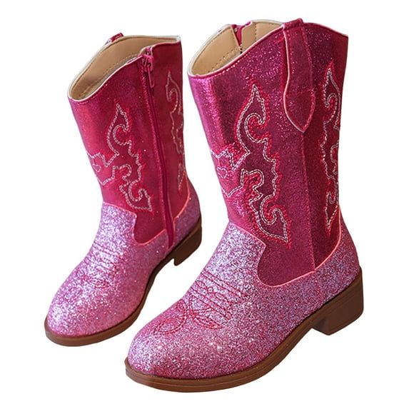 Mepaouo Girls Cowgirl Boots Kids Toddler Western Cowboy Mid Calf Booties Unisex Child Glitter Riding Shoes Pink 13