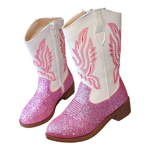 Mepaouo Girls Cowgirl Boots Kids Toddler Western Cowboy Mid Calf Booties Unisex Child Glitter Riding Shoes Pink 3.5