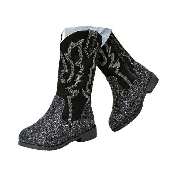 Mepaouo Girls Cowgirl Boots Toddler Mid Calf Glitter Cowboy Boot Kids Rhinestone Western Riding Shoes
