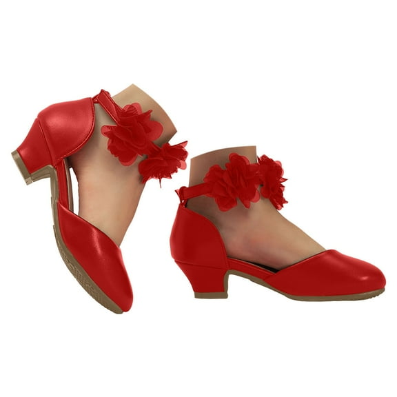 Mepaouo Girls Dress Shoes Closed Toe Low Chunky Heels Ankle Strap Wedding Party Flower Princess Pumps