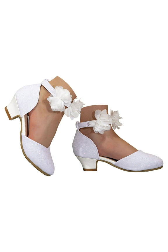 Girls Dress Shoes Closed Toe Low Chunky Heels Ankle Strap Wedding Party Flower Princess Pumps