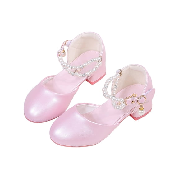 Mepaouo Girls Dress Shoes Closed Toe Pearl Wedding Party Princess Shoes Low Heel Pumps(Red,31)