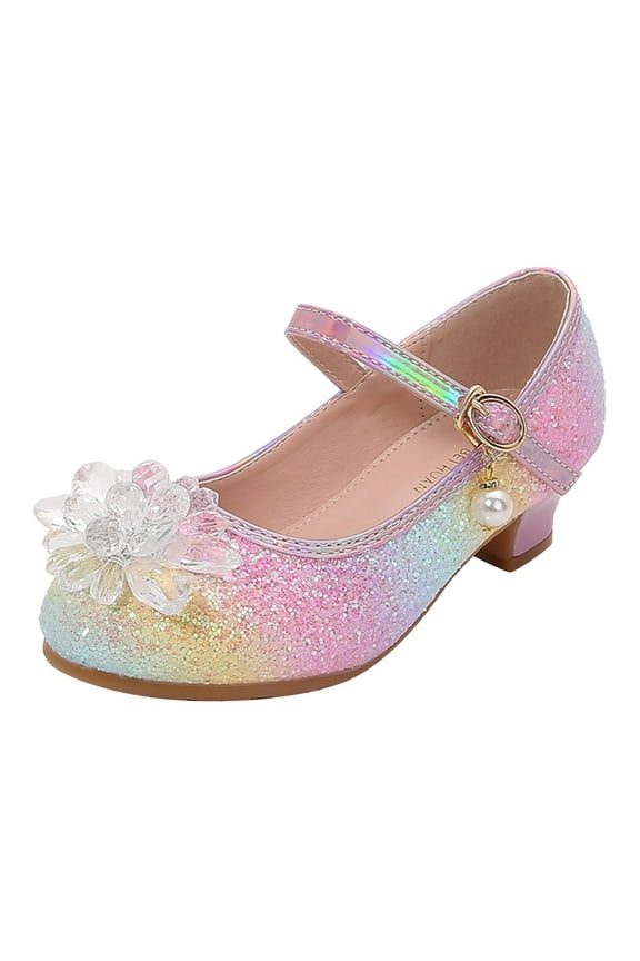 Girls Dress Shoes Glitter Princess Flower Mary Jane Low Heels Wedding Pumps for Toddler Kids