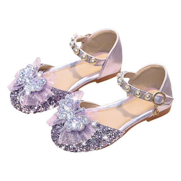Mepaouo Girls Dress Shoes Princess Glitter Flower Mary Jane Closed Toe Party Wedding Footwear Purple 5.5