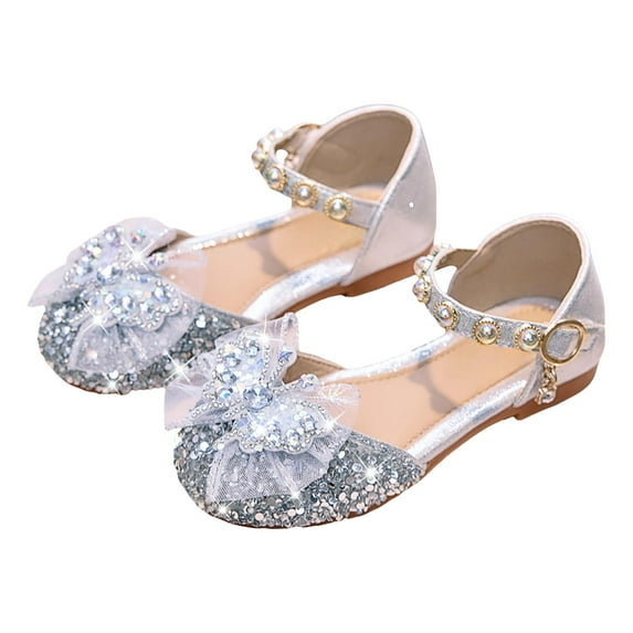 Mepaouo Girls Dress Shoes Princess Glitter Flower Mary Jane Closed Toe Party Wedding Footwear Silver 1.5
