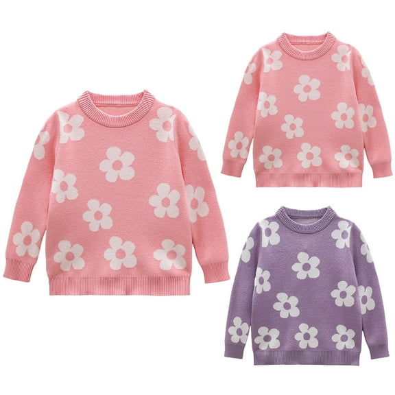 Mepaouo Girls Fall Sweaters Floral Print Crewneck Long Sleeve Pullover Kids Toddler Casual Jumper Tops Pink 7-8 Years