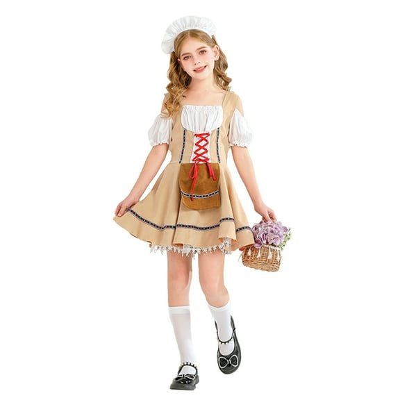 Mepaouo Girls German Dirndl Dress Oktoberfest Bavarian Outfit Set Kids Country Apron Maid Skirt Brown
