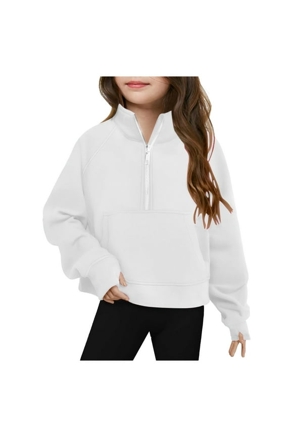 Girls' Hoodies Sweatshirts Half Zipper Pullover Crop Tops Kids Long Sleeve Casual Sweater with Thumb Hole