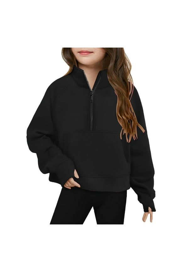 Girls' Hoodies Sweatshirts Half Zipper Pullover Crop Tops Kids Long Sleeve Casual Sweater with Thumb Hole
