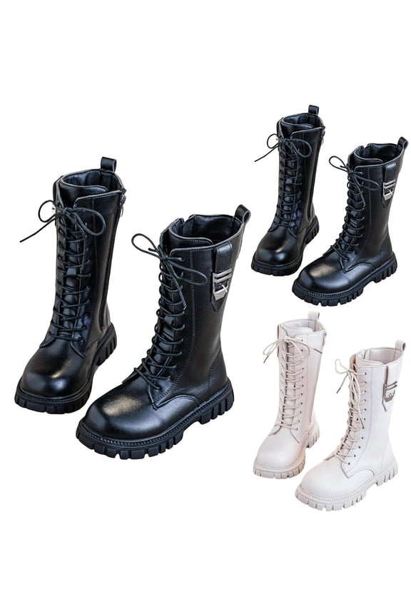 Girls Leather Knee High Boots Lace up Combat Riding Booties Side Zipper Punk Goth Cowboy Boot Black 13.5