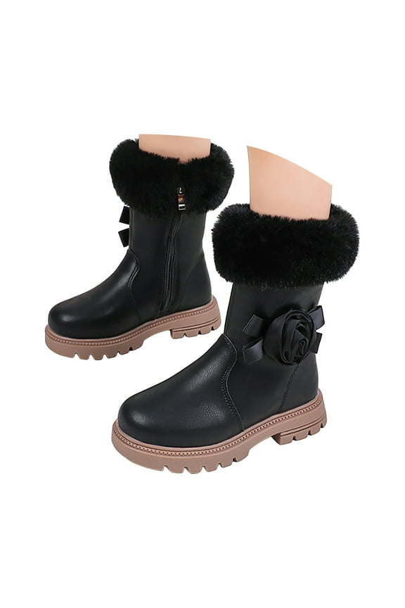 Girls Mid Calf Boots Floral Waterproof Winter Dress Boots Fleece Warm Outdoor Shoes(Black,34)