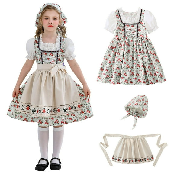 Mepaouo Girls Oktoberfest Dress Riding Cosplay Headscarf Apron German Bavarian Dirndl Outfit 3 Piece Set