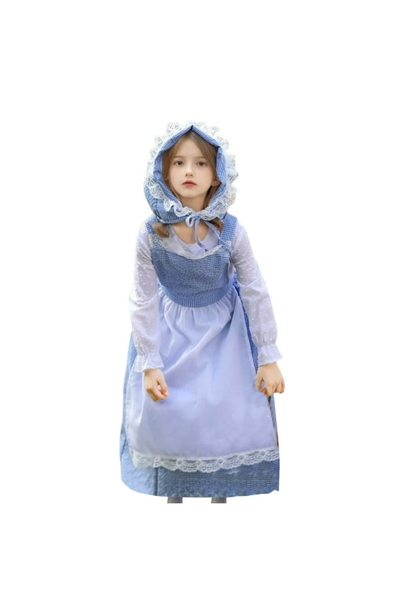 Girls Prairie Pioneer Dresses Mommy and Me Colonial Adult Kid Outfits with Headscarf Apron