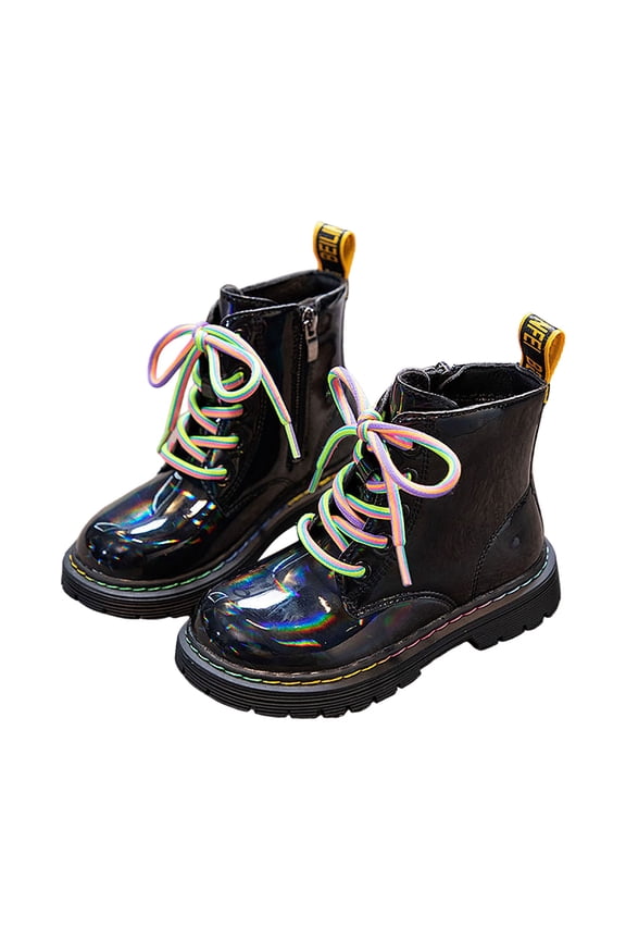 Girls Rain Boots Rainbow Shoelace Lug Sole Waterproof Ankle Boots Kids Outdoor Shoes(Colorful,35)