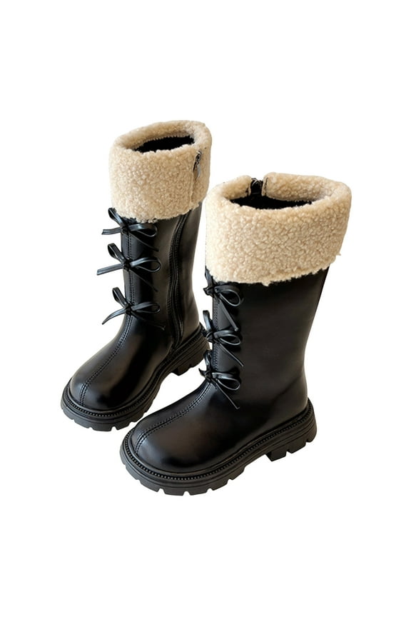 Girls Riding Boots Knee High Waterproof Mid Calf Shoes Side Zipper Winter Snow Combat Boot Black