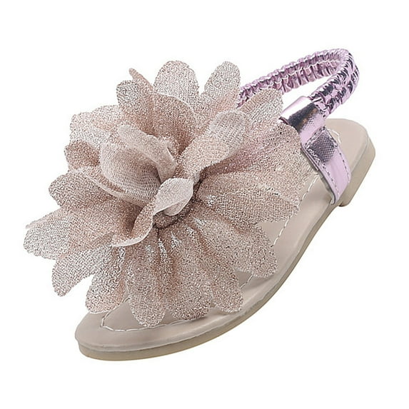 Mepaouo Girls' Sandals Open Toe Summer Flat Dress Shoes Elastic Ankle Strap Chiffon Flower Flip Flops