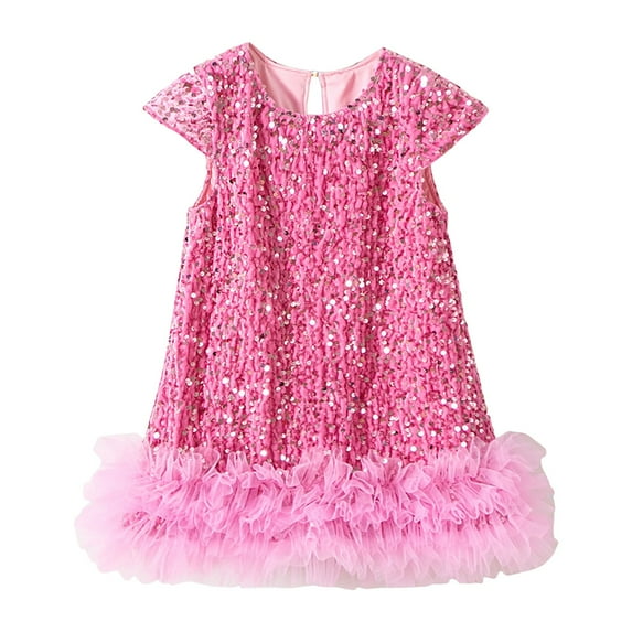Mepaouo Girls Sequin Dress Ruffle Short Sleeve A-Line Sparkly Glitter Dance Party 1-6 Years