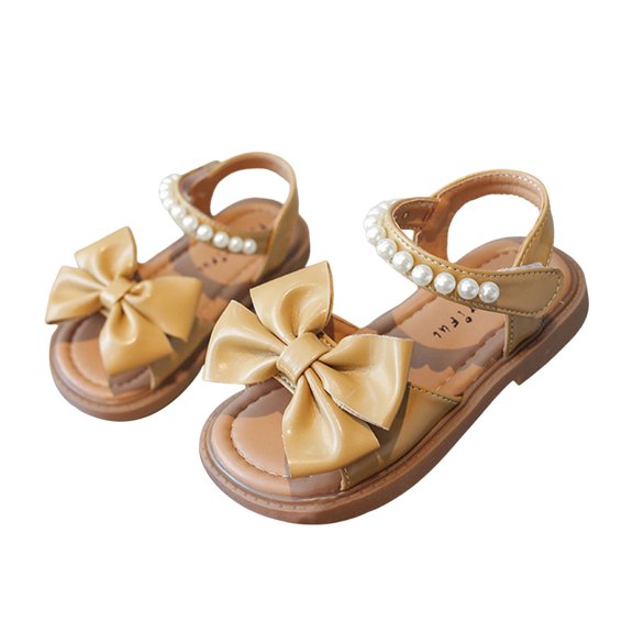 Mepaouo Girls Summer Sandals Open Toe Fashion Cute Dress Shoes Pearl Bow Non Slip Flats for Kids