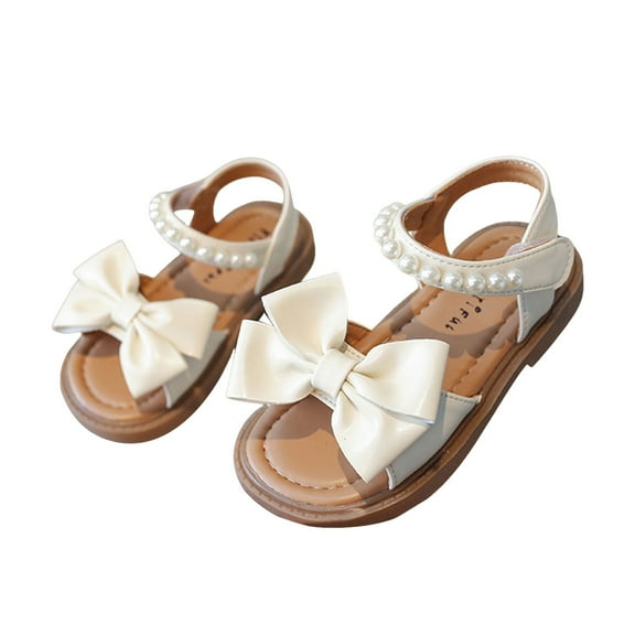 Mepaouo Girls Summer Sandals Open Toe Fashion Cute Dress Shoes Pearl Bow Non Slip Flats for Kids