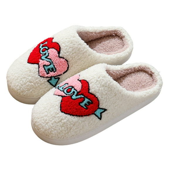 Mepaouo Heart Slippers for Women Men Plush Fuzzy Winter House Shoes Memory Foam Indoor Slip on Slides
