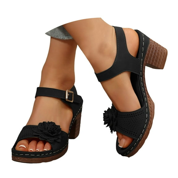 Mepaouo Heeled Sandals for Women Orthopedic Wedge Sandal Leather Ankle Buckle Walking Shoes